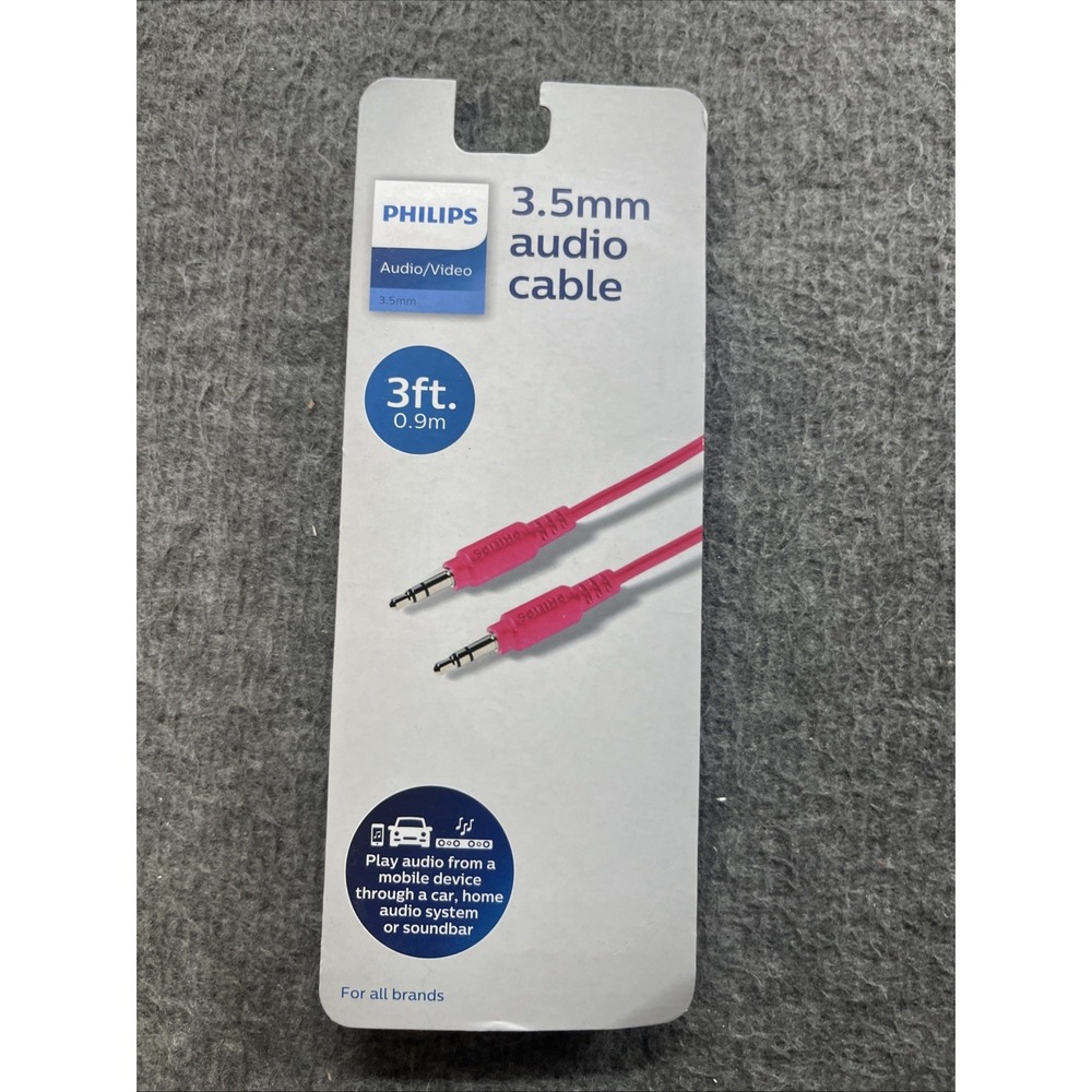 Philips‎ Audio/Video 3.5mm Audio Cable - Pink - 3ft 0.9mm - NEW